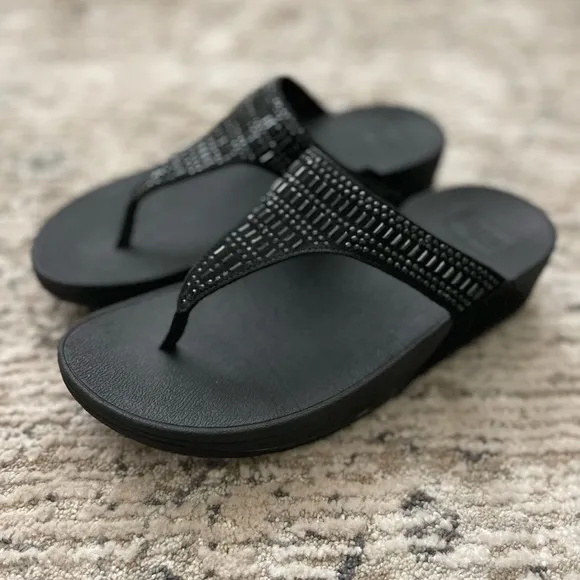 FitFlop Incastone Black Thong Sandals Bling Size 8 Comfort Casual wedge