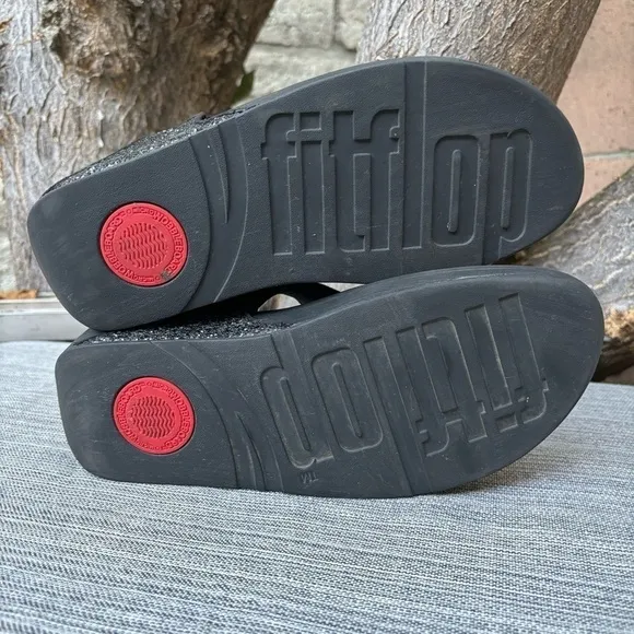FITFLOP Shimma Wedge Glitter Sandal Black Size 9 Comfort Shoe