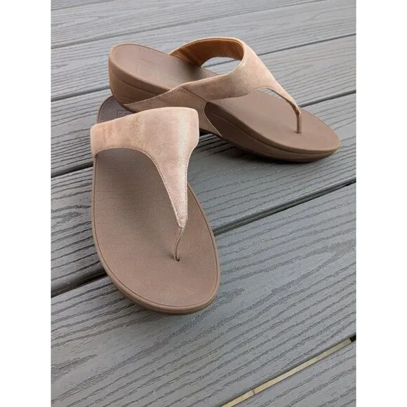 FitFlop Womens 10 Sandals Lulu Shimmy Rose Gold Toe Post Slip-On T-Bar Leather