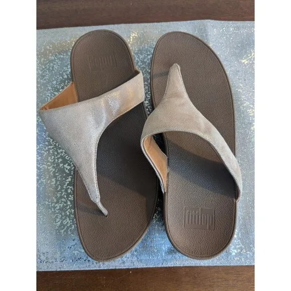 FitFlop Womens 10 Sandals Lulu Shimmy Rose Gold Toe Post Slip-On T-Bar Leather