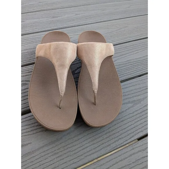 FitFlop Womens 10 Sandals Lulu Shimmy Rose Gold Toe Post Slip-On T-Bar Leather