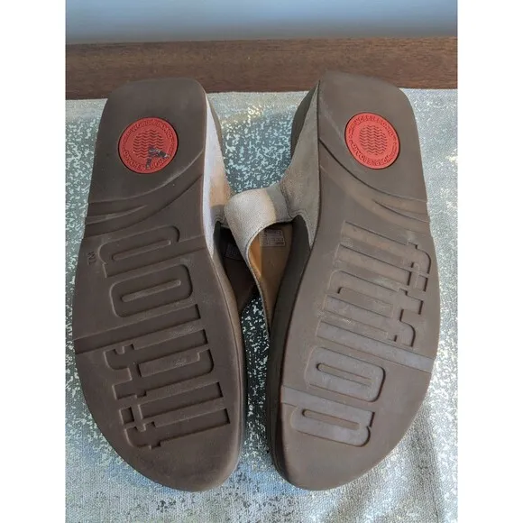 FitFlop Womens 10 Sandals Lulu Shimmy Rose Gold Toe Post Slip-On T-Bar Leather