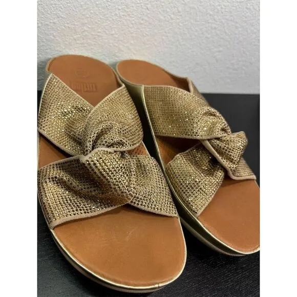 FitFlop Women's‎ Size 9 Twiss Crystal Gold Sparkle Slide Microfibre Sandals