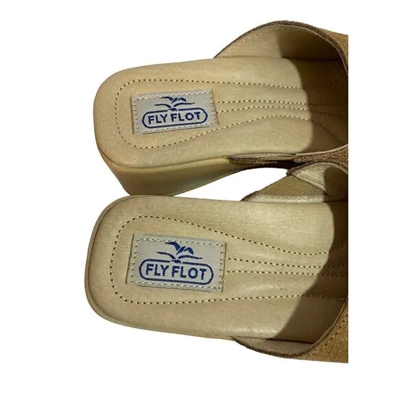 Fly Flot Women's Slip On Open Toe Mules with Wedge Heel Tan Size 35 Euro (5 US)