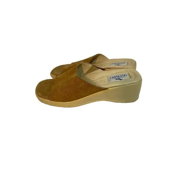 Fly Flot Women's Slip On Open Toe Mules with Wedge Heel Tan Size 35 Euro (5 US)