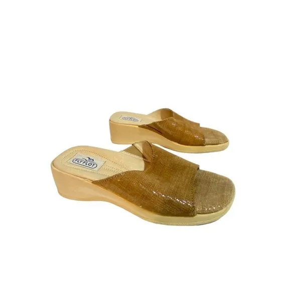 Fly Flot Women's Slip On Open Toe Mules with Wedge Heel Tan Size 35 Euro (5 US)