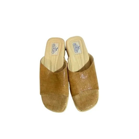 Fly Flot Women's Slip On Open Toe Mules with Wedge Heel Tan Size 35 Euro (5 US)