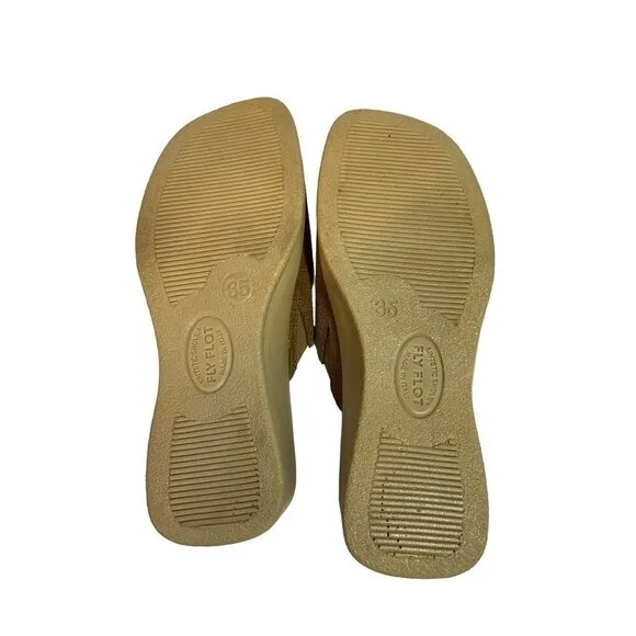 Fly Flot Women's Slip On Open Toe Mules with Wedge Heel Tan Size 35 Euro (5 US)