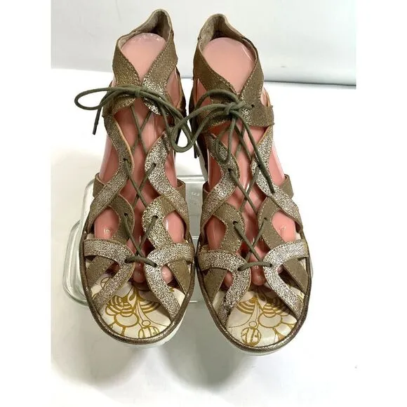Fly London Gladiator Heeled Sandals Size 10- 10.5 41 EU Lace Up Metallic