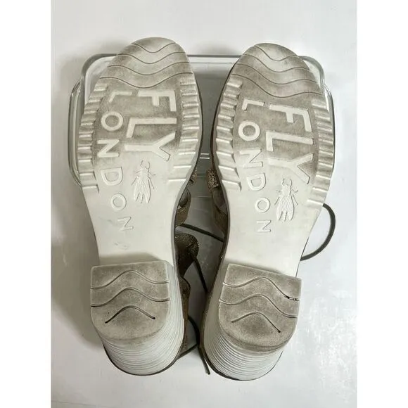 Fly London Gladiator Heeled Sandals Size 10- 10.5 41 EU Lace Up Metallic