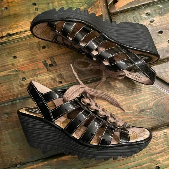 FLY London Multi-strap Lace Up Wedge Black Patent Yito Sandals