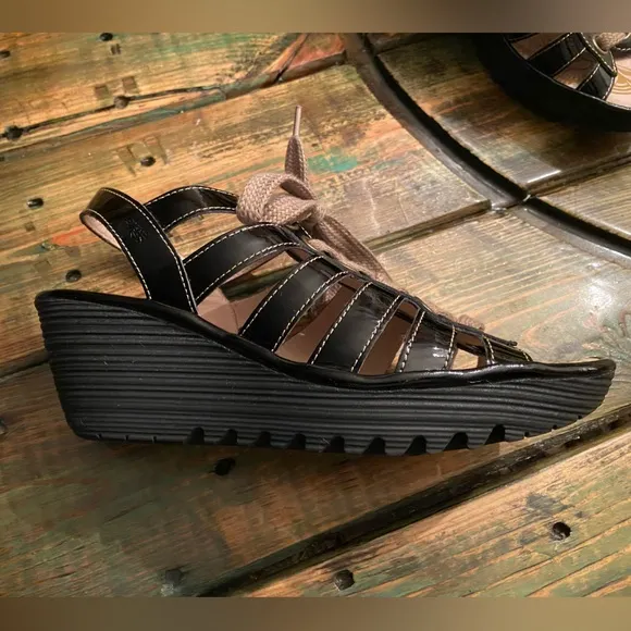 FLY London Multi-strap Lace Up Wedge Black Patent Yito Sandals