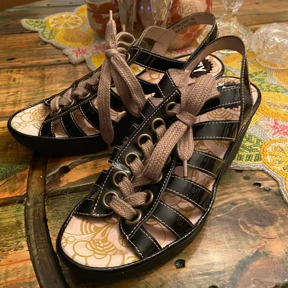FLY London Multi-strap Lace Up Wedge Black Patent Yito Sandals