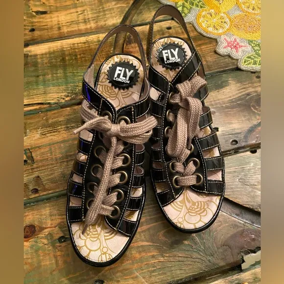 FLY London Multi-strap Lace Up Wedge Black Patent Yito Sandals