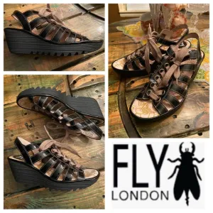 FLY London Multi-strap Lace Up Wedge Black Patent Yito Sandals