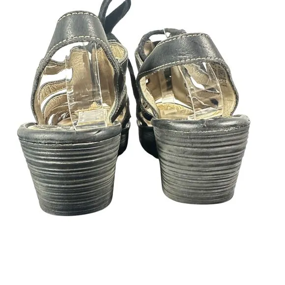 FLY London Wedge Sandals Sz 38 US 7 1/2-8 Lace-Up Gladiator Black Leather Yito