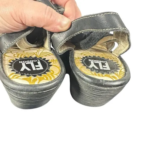 FLY London Wedge Sandals Sz 38 US 7 1/2-8 Lace-Up Gladiator Black Leather Yito