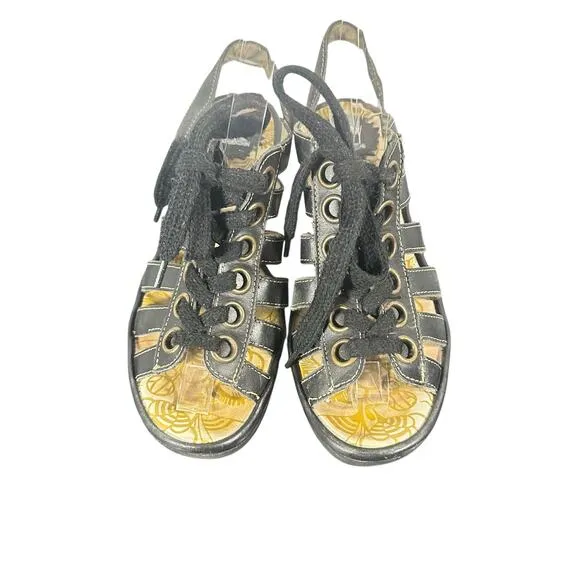 FLY London Wedge Sandals Sz 38 US 7 1/2-8 Lace-Up Gladiator Black Leather Yito