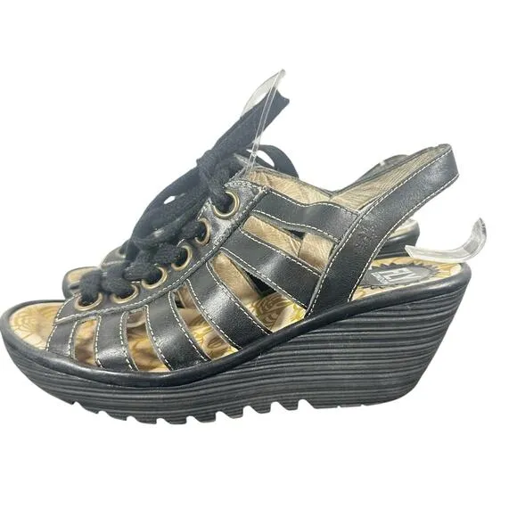 FLY London Wedge Sandals Sz 38 US 7 1/2-8 Lace-Up Gladiator Black Leather Yito