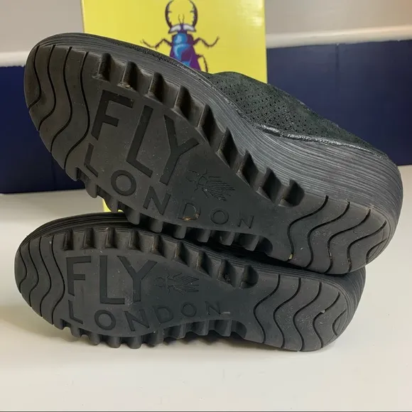 Fly London Yala Black Leather Slingback Platform Wedge Sandals Size 38 US 7.5