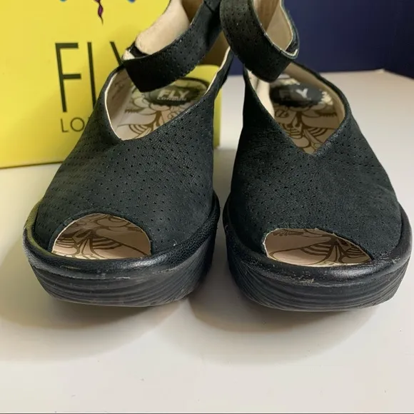Fly London Yala Black Leather Slingback Platform Wedge Sandals Size 38 US 7.5