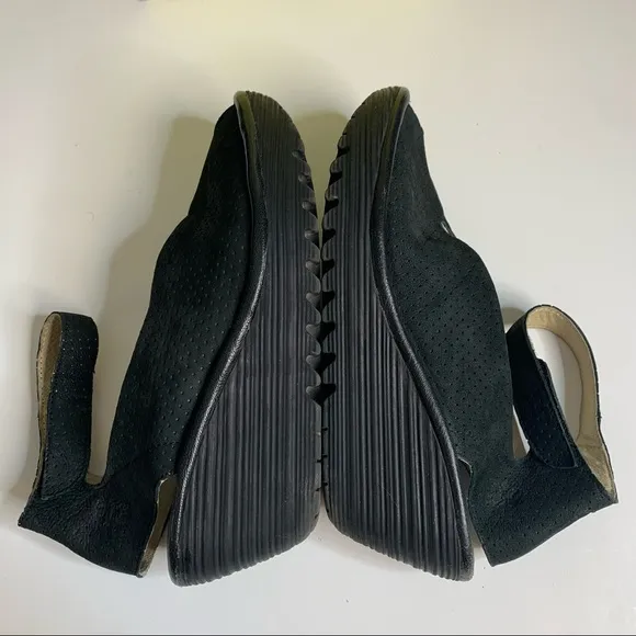 Fly London Yala Black Leather Slingback Platform Wedge Sandals Size 38 US 7.5