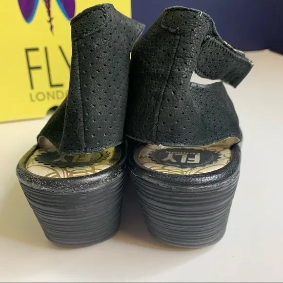 Fly London Yala Black Leather Slingback Platform Wedge Sandals Size 38 US 7.5
