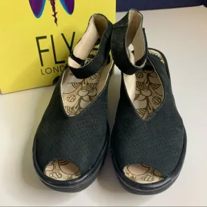 Fly London Yala Black Leather Slingback Platform Wedge Sandals Size 38 US 7.5