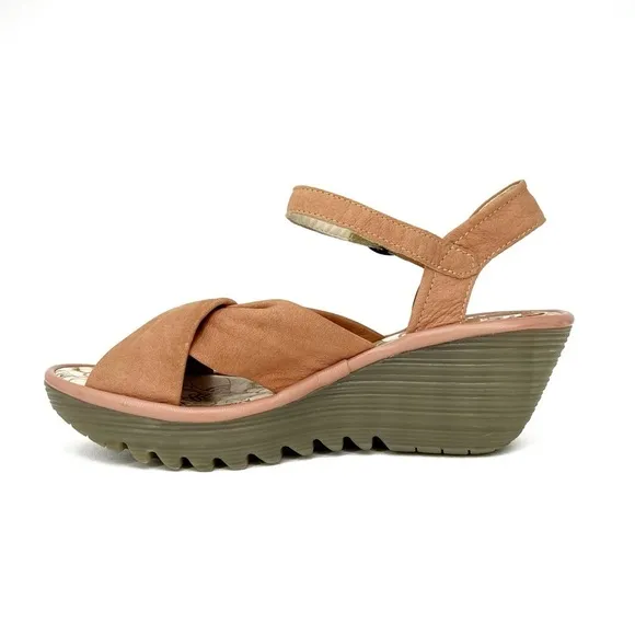 Fly London Yesh Wedge Sandals Knotted Strap Pink Mauve Nubuck Leather Size 9-9.5