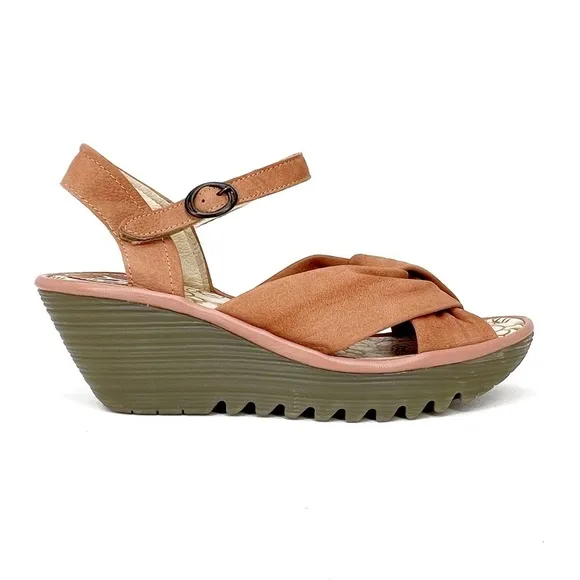Fly London Yesh Wedge Sandals Knotted Strap Pink Mauve Nubuck Leather Size 9-9.5
