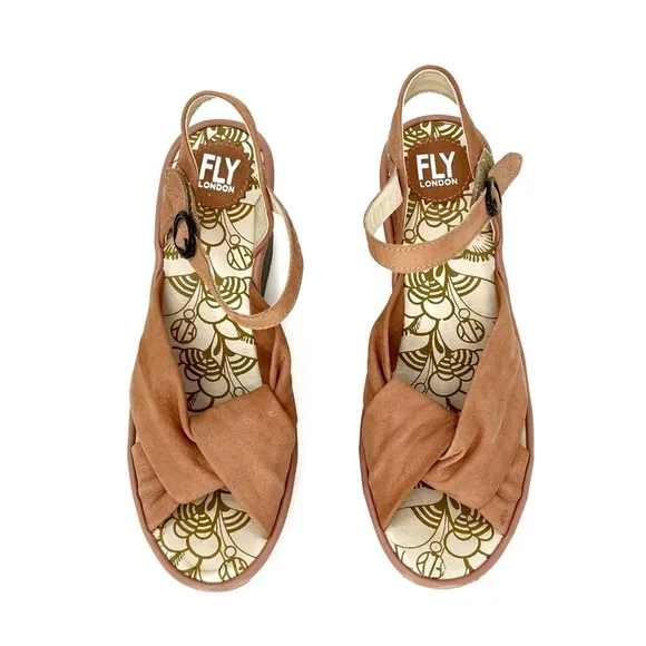 Fly London Yesh Wedge Sandals Knotted Strap Pink Mauve Nubuck Leather Size 9-9.5