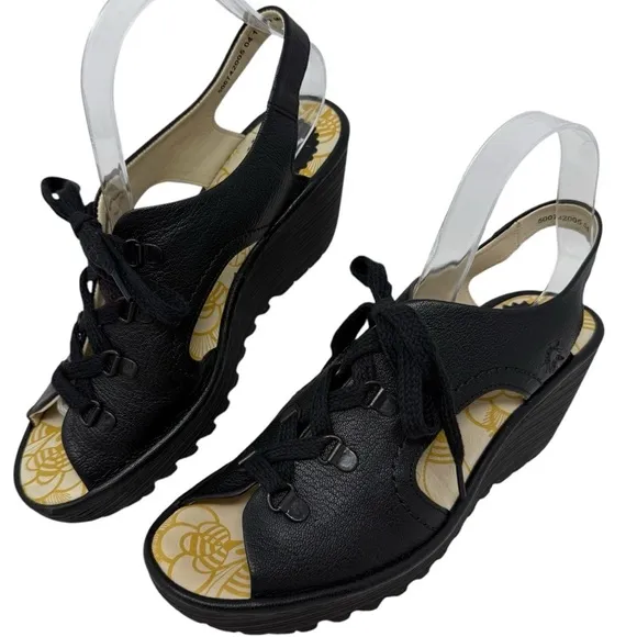 Fly London Yuta Leather Lace Platform Wedge Sandals Black Size 40 8.5 Slingback