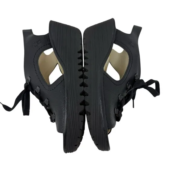 Fly London Yuta Leather Lace Platform Wedge Sandals Black Size 40 8.5 Slingback