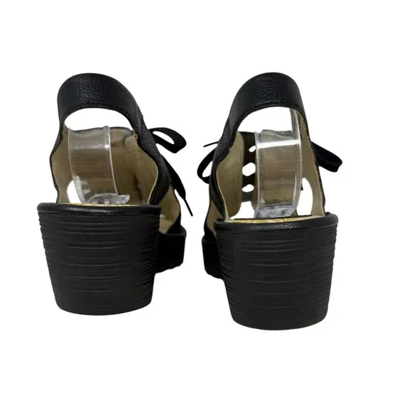 Fly London Yuta Leather Lace Platform Wedge Sandals Black Size 40 8.5 Slingback