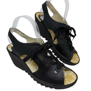 Fly London Yuta Leather Lace Platform Wedge Sandals Black Size 40 8.5 Slingback