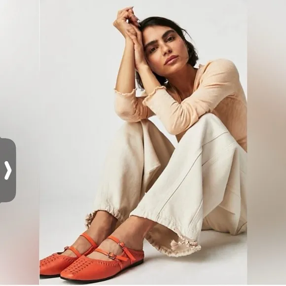 FP Free People Diana Double Strap Flats Summer Leather Mules 39/8.5 Orange Beach