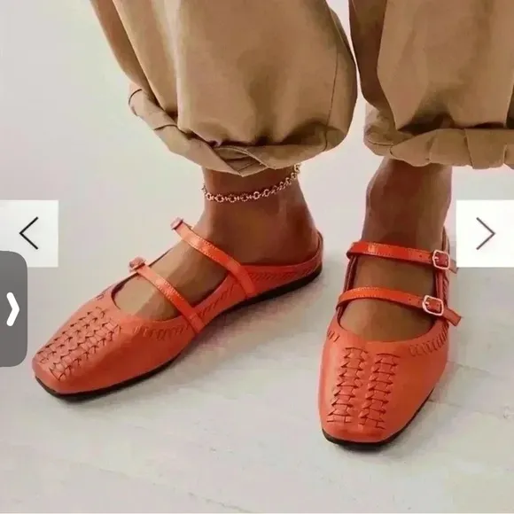 FP Free People Diana Double Strap Flats Summer Leather Mules 39/8.5 Orange Beach