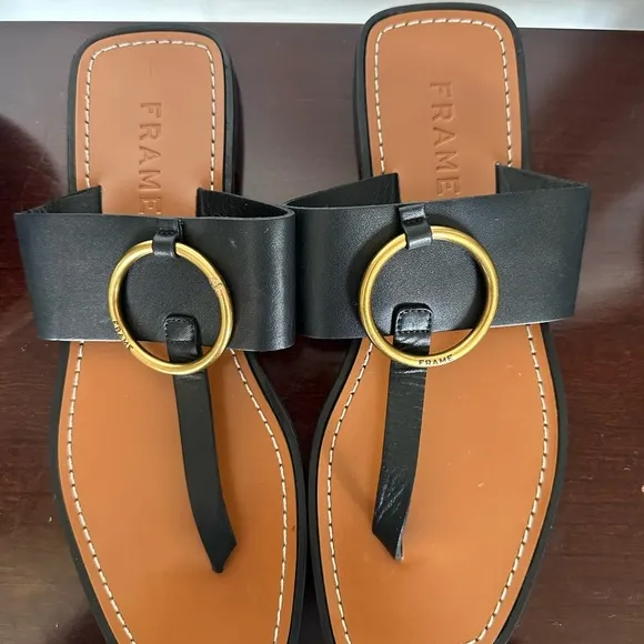 Frame Denim Black and Gold Sandals with Square Toe