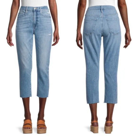 FRAME • Le Beau Crop jeans distressed straight leg Walden Rock tomboy raw hem