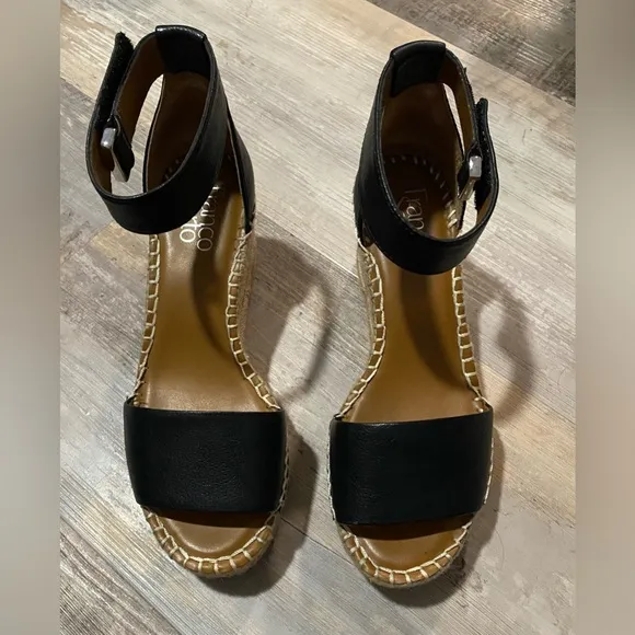Franco Sarto Clemens Black Bazini Leather Wedge Sandals