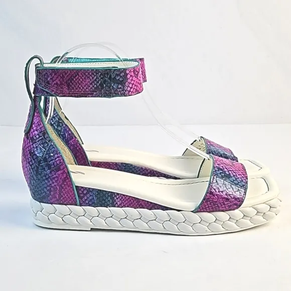 Franco Sarto Tiana Snake Leather Jewel Tone Ankle Strap Platform Wedge Sandal