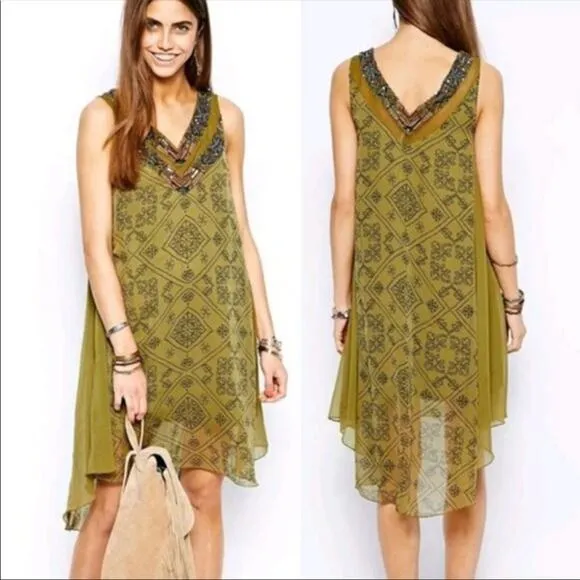 Free People Ancient Mystery Beaded Boho Sleeveless Shift Dress Sage Green Small