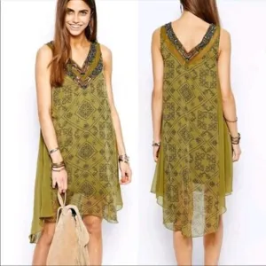 Free People Ancient Mystery Beaded Boho Sleeveless Shift Dress Sage Green Small