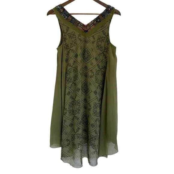Free People Ancient Mystery Beaded Boho Sleeveless Shift Dress Sage Green Small