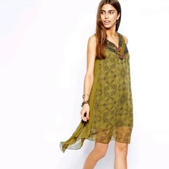 Free People Ancient Mystery Beaded Boho Sleeveless Shift Dress Sage Green Small