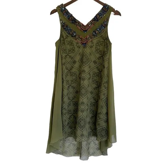 Free People Ancient Mystery Beaded Boho Sleeveless Shift Dress Sage Green Small