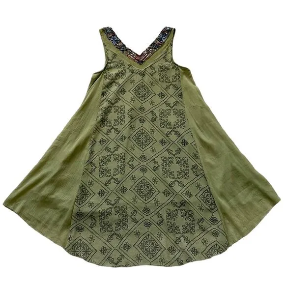 Free People Ancient Mystery Beaded Boho Sleeveless Shift Dress Sage Green Small