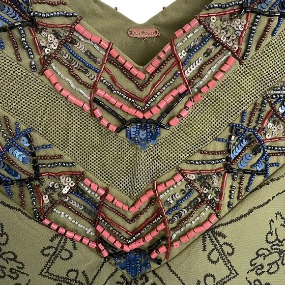 Free People Ancient Mystery Beaded Boho Sleeveless Shift Dress Sage Green Small