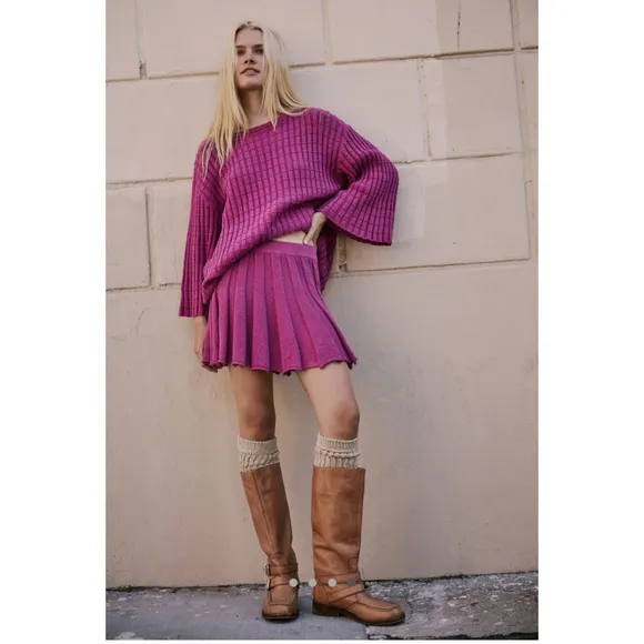 Free People Beach Kenzie 2pc Sweater &amp; Skirt Set Cactus Rose Oversized Small