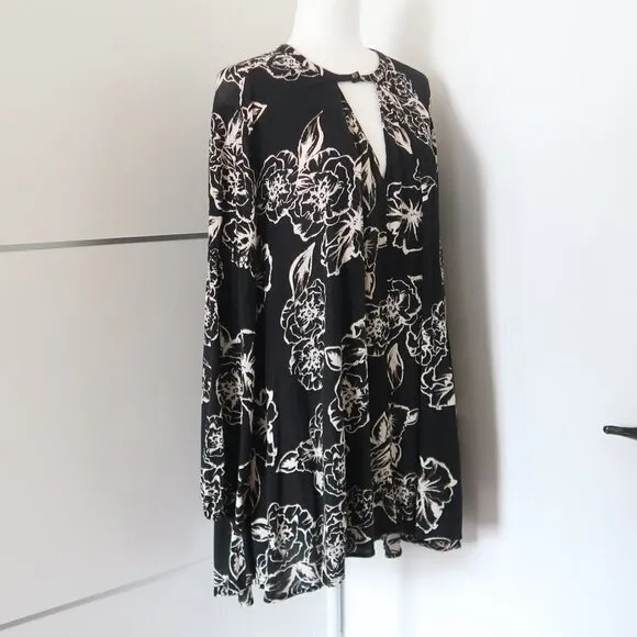Free People Black Cream Floral Tree Swing Tunic Mini Long Sleeve Key Hole Dress